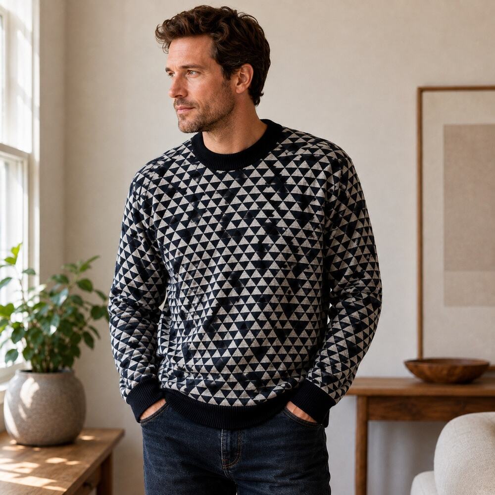LuoCaifu Mens XL Wool Geometric Sweater Black Blue Gray Triangle Mock Neck